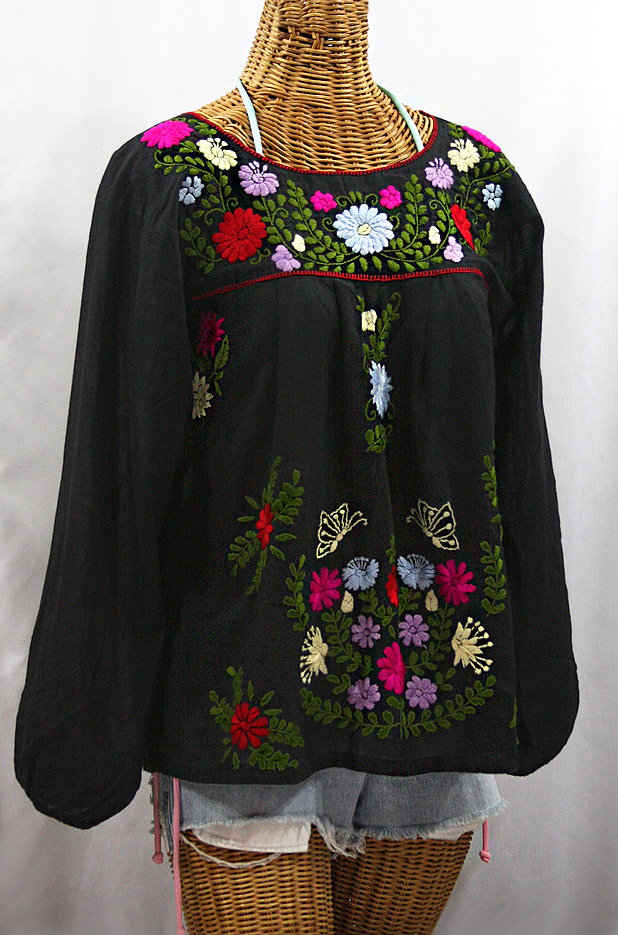 "La Mariposa Larga de Color" Longsleeve Mexican Blouse - Black + Bold Multi