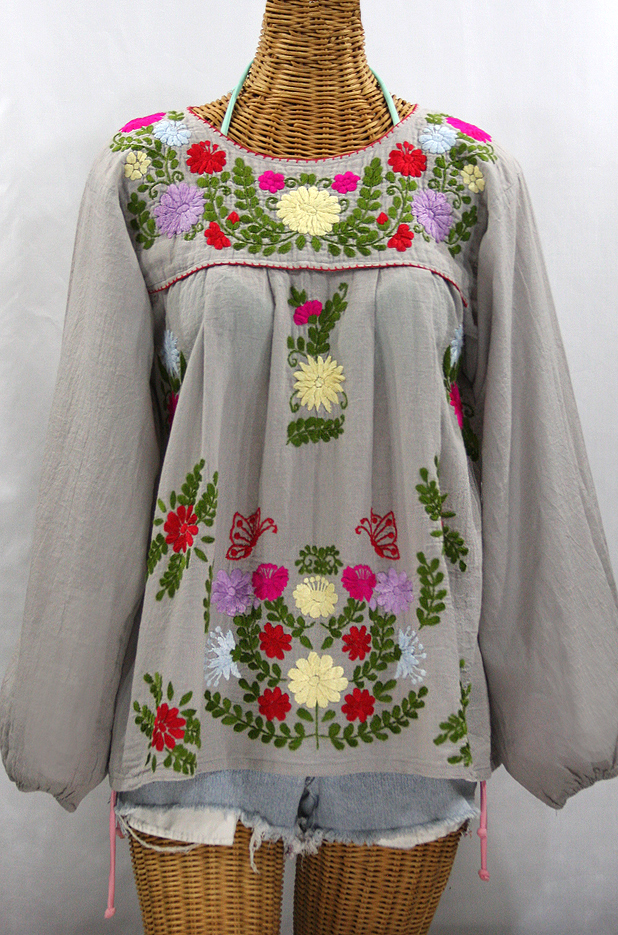 "La Mariposa Larga de Color" Longsleeve Mexican Blouse - Grey + Multi