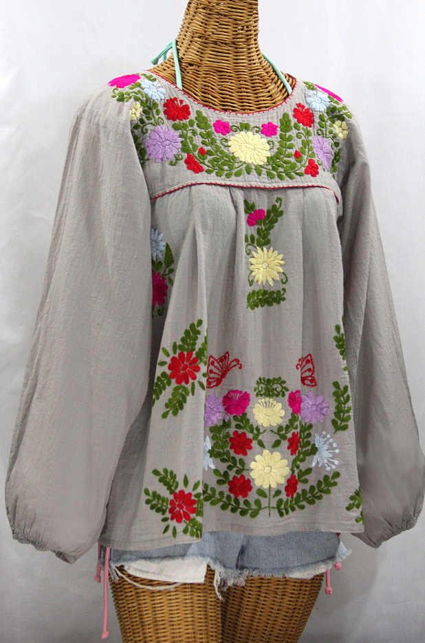 "La Mariposa Larga de Color" Longsleeve Mexican Blouse - Grey + Multi