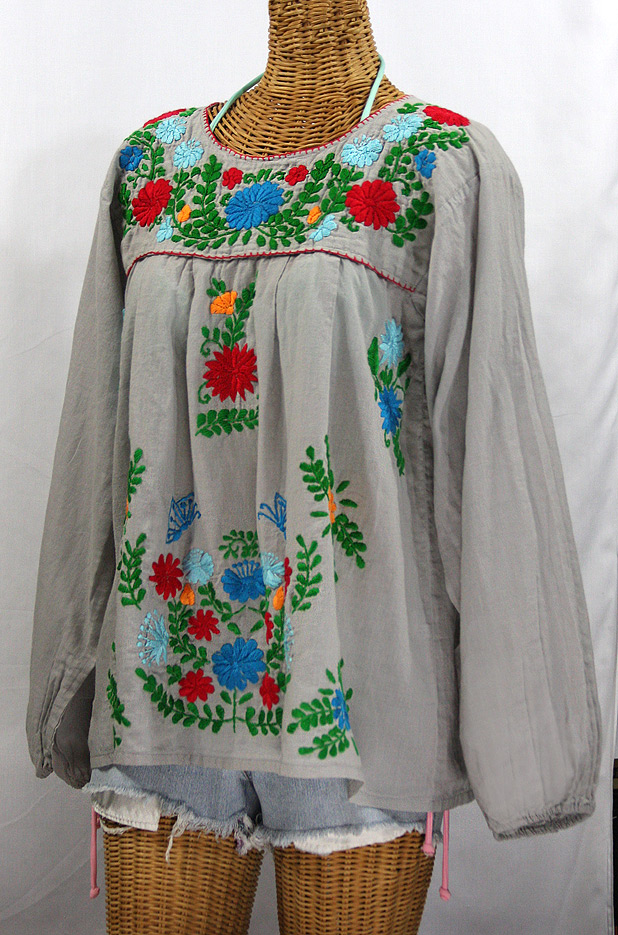 "La Mariposa Larga de Color" Longsleeve Mexican Blouse - Grey + Bold Fiesta