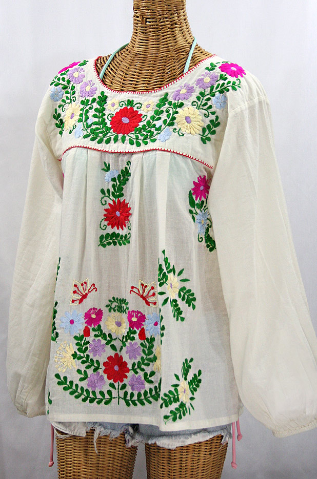 "La Mariposa Larga de Color" Longsleeve Mexican Blouse - Off White + Bright Multi