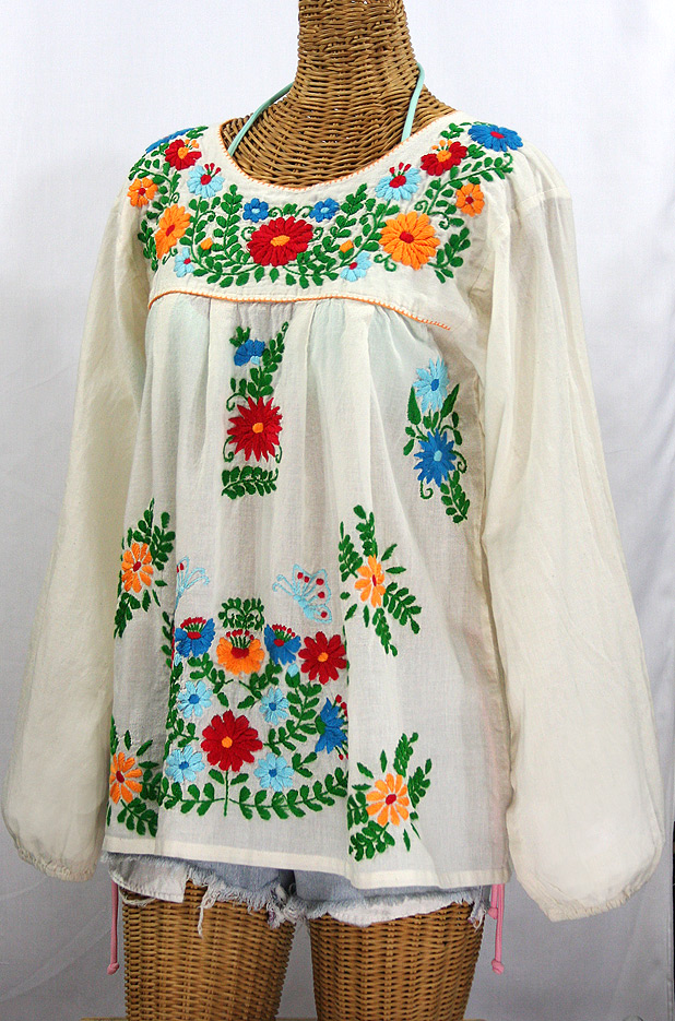 "La Mariposa Larga de Color" Longsleeve Mexican Blouse - Off White + Fiesta