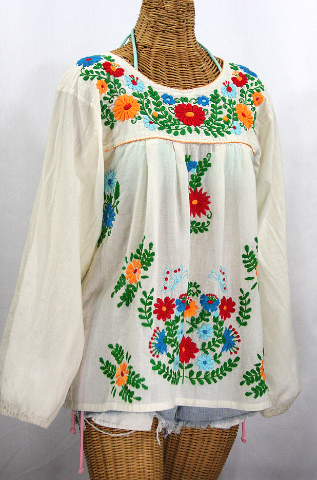 "La Mariposa Larga de Color" Longsleeve Mexican Blouse - Off White + Fiesta