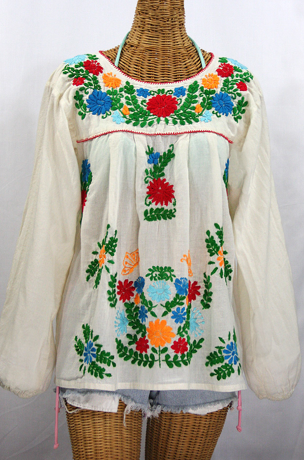 "La Mariposa Larga de Color" Longsleeve Mexican Blouse - Off White + Bold Fiesta