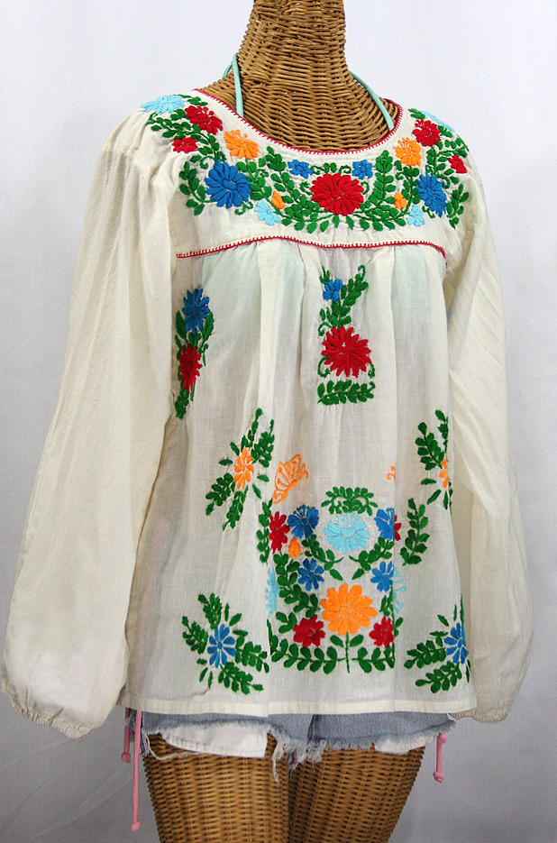 "La Mariposa Larga de Color" Longsleeve Mexican Blouse - Off White + Bold Fiesta