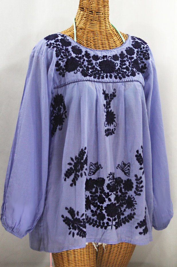 "La Mariposa Larga" Embroidered Mexican Style Peasant Top - Periwinkle + Navy