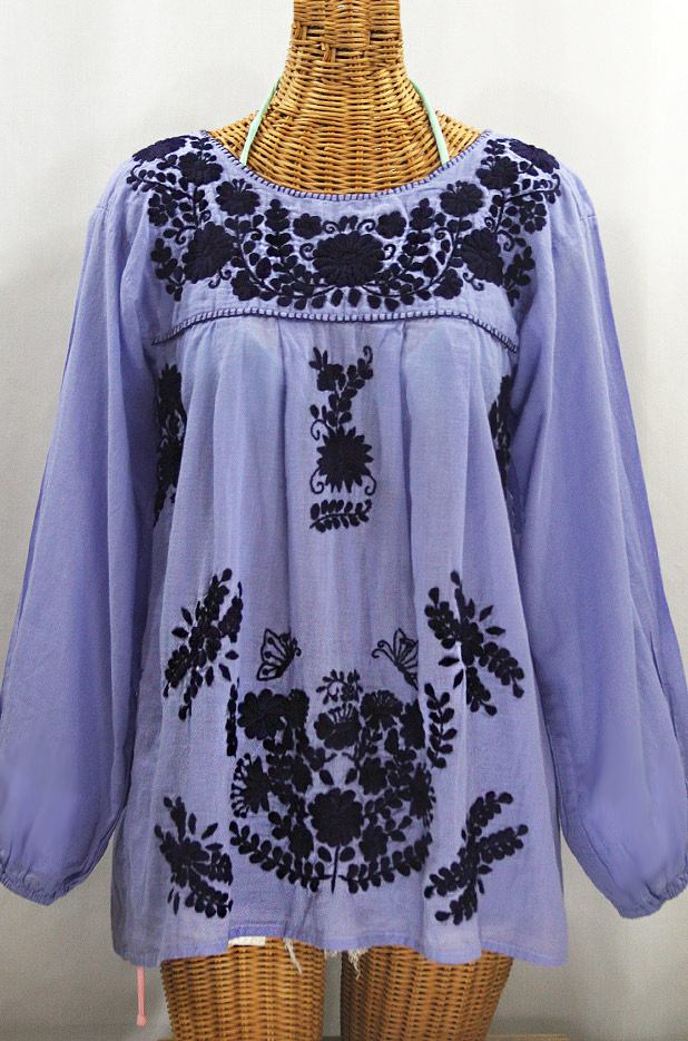 "La Mariposa Larga" Embroidered Mexican Style Peasant Top - Periwinkle + Navy