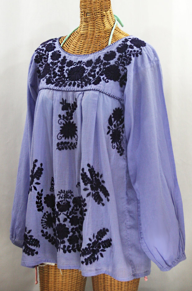 FINAL SALE -- "La Mariposa Larga" Embroidered Mexican Style Peasant Top - Periwinkle + Navy
