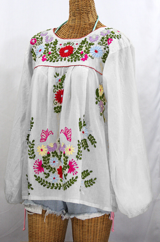 "La Mariposa Larga de Color" Longsleeve Mexican Blouse - White