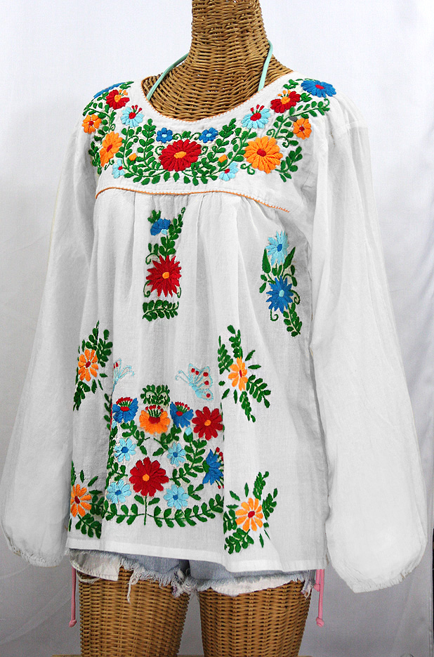 "La Mariposa Larga de Color" Longsleeve Mexican Blouse - White + Fiesta