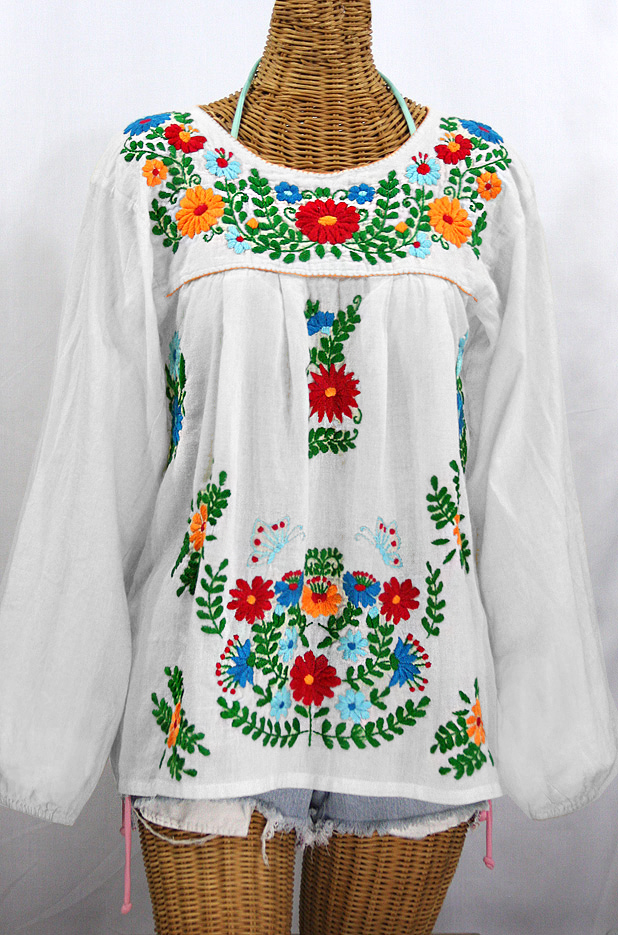 "La Mariposa Larga de Color" Longsleeve Mexican Blouse - White + Fiesta