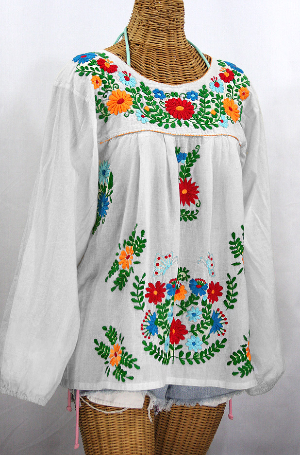 "La Mariposa Larga de Color" Longsleeve Mexican Blouse - White + Fiesta