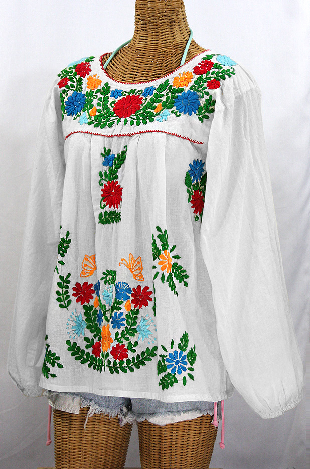 "La Mariposa Larga de Color" Longsleeve Mexican Blouse - White + Bold Fiesta