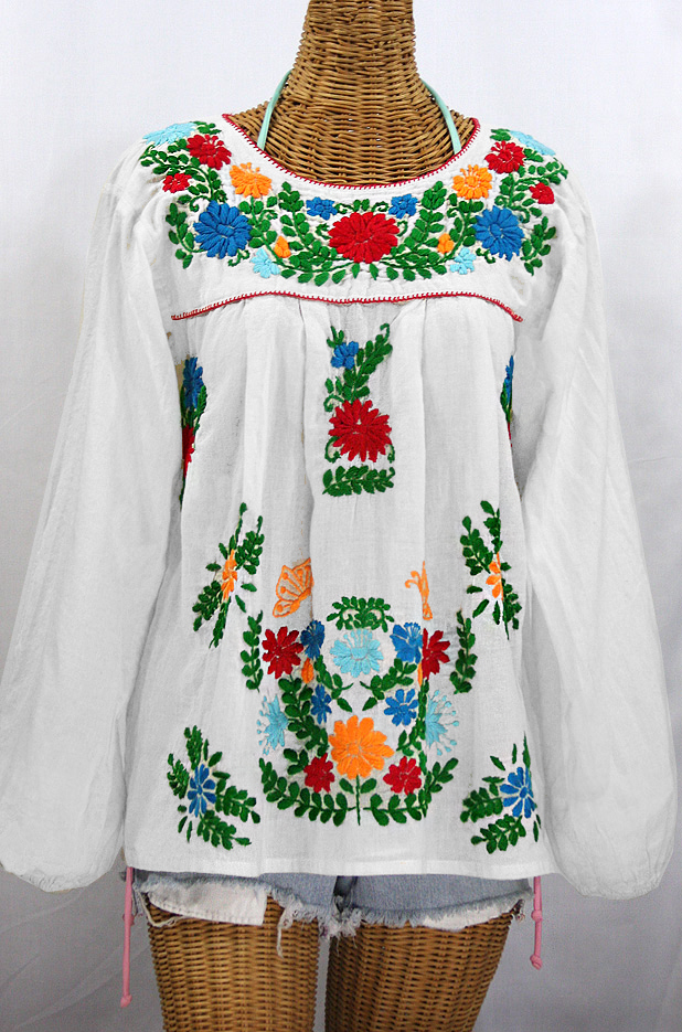 "La Mariposa Larga de Color" Longsleeve Mexican Blouse - White + Bold Fiesta