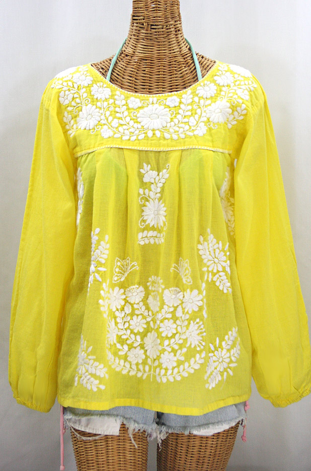 "La Mariposa Larga" Embroidered Mexican Style Peasant Top - Yellow + White