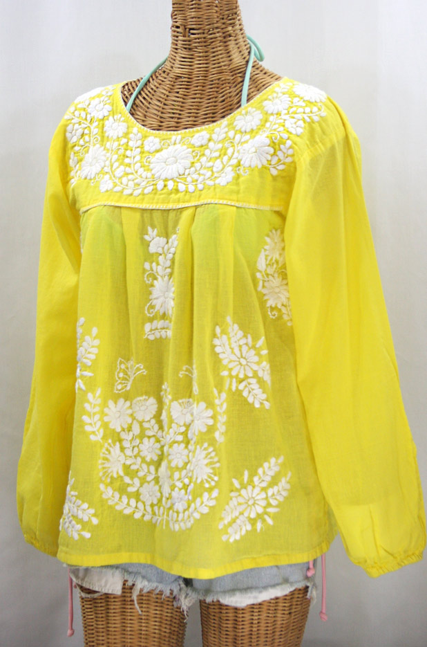 "La Mariposa Larga" Embroidered Mexican Style Peasant Top - Yellow + White