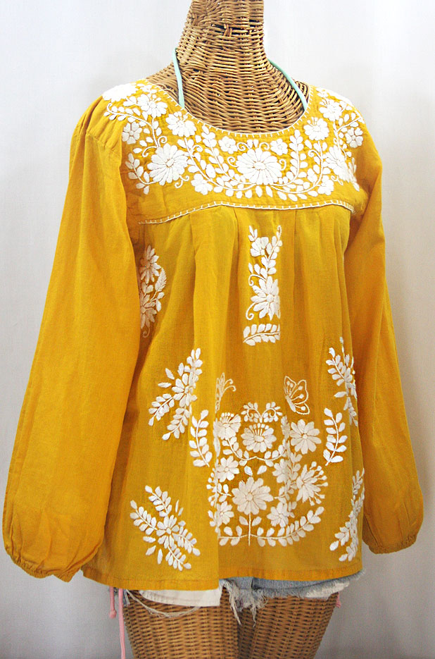 "La Mariposa Larga de Color" Long Sleeve Mexican Blouse - Honey Gold + White