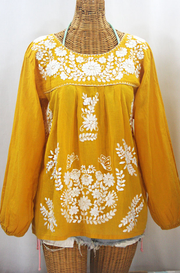 "La Mariposa Larga de Color" Long Sleeve Mexican Blouse - Honey Gold + White