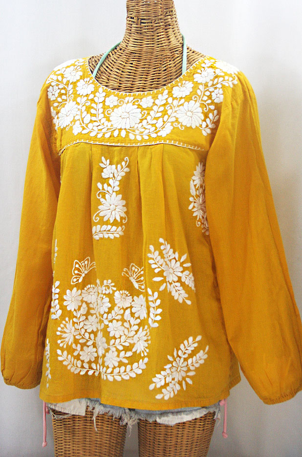 "La Mariposa Larga de Color" Long Sleeve Mexican Blouse - Honey Gold + White