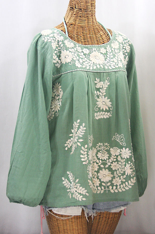 "La Mariposa Larga de Color" Long Sleeve Mexican Blouse - Sage Green + Cream