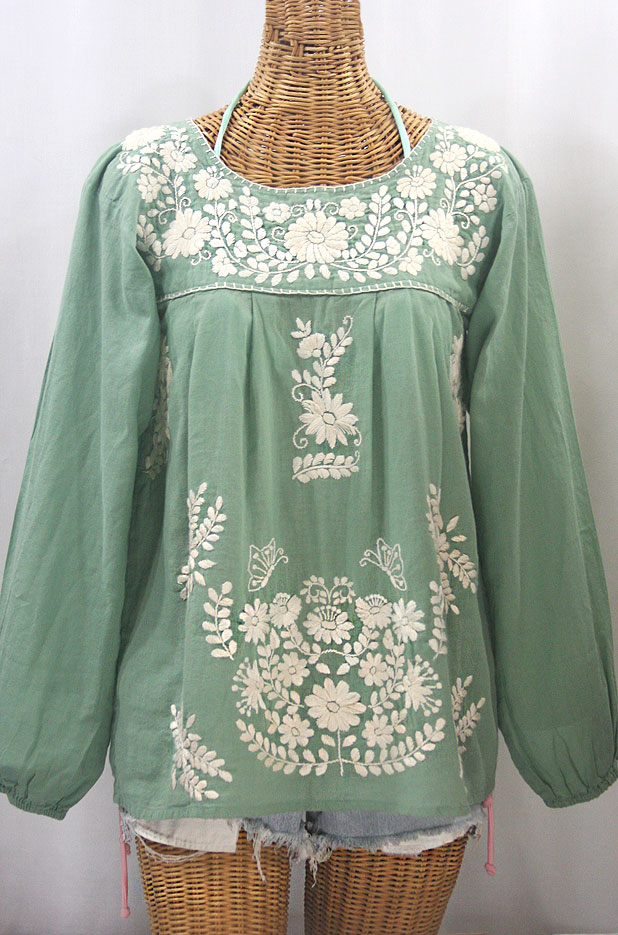 "La Mariposa Larga de Color" Long Sleeve Mexican Blouse - Sage Green + Cream