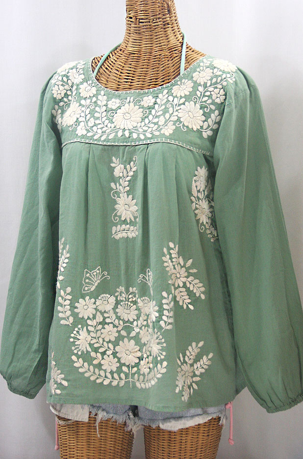 "La Mariposa Larga de Color" Long Sleeve Mexican Blouse - Sage Green + Cream