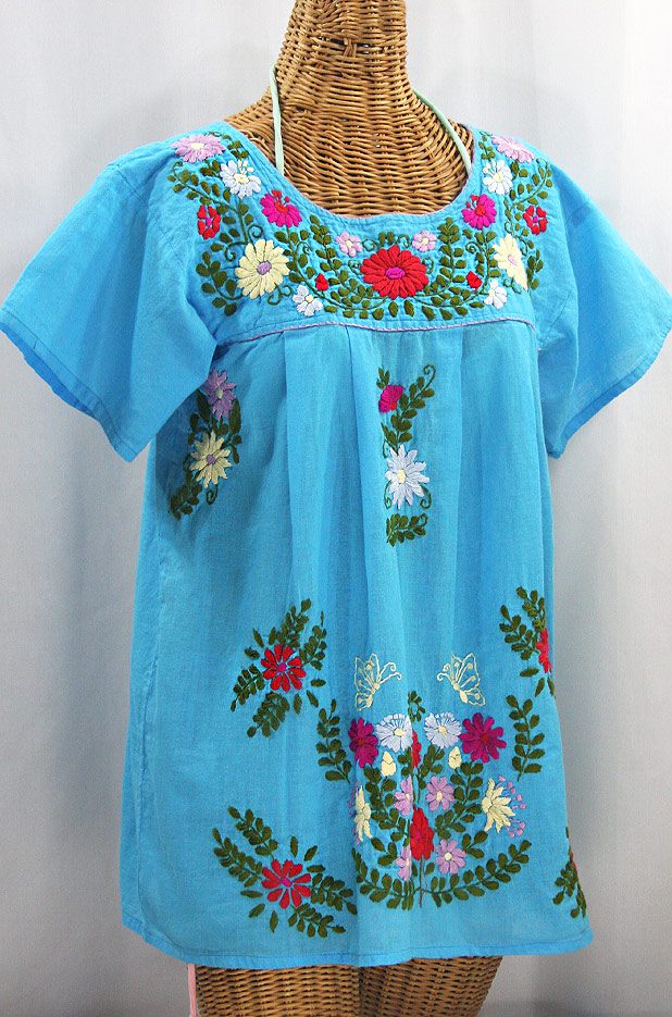 "La Mariposa Libre" Plus Size Mexican Peasant Blouse - Aqua + Multi