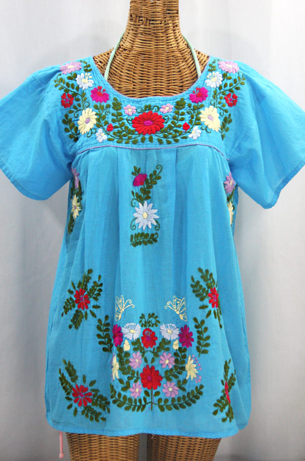 "La Mariposa Libre" Plus Size Mexican Peasant Blouse - Aqua + Multi