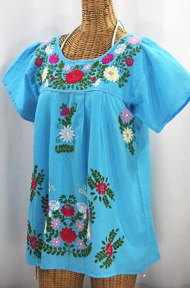 "La Mariposa Libre" Plus Size Mexican Peasant Blouse - Aqua + Multi