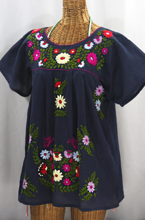 "La Mariposa Libre" Plus Size Mexican Peasant Blouse - Navy + Multi