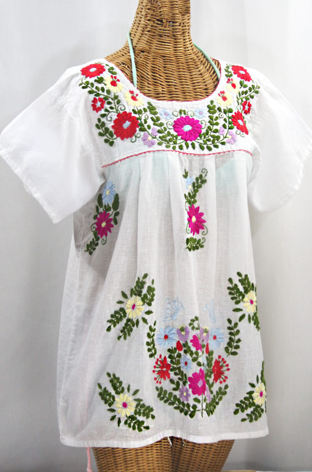 "La Mariposa Libre" Plus Size Mexican Peasant Blouse - White + Multi