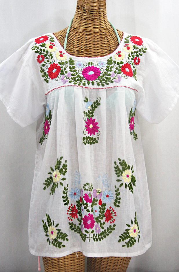 "La Mariposa Libre" Plus Size Mexican Peasant Blouse - White + Multi