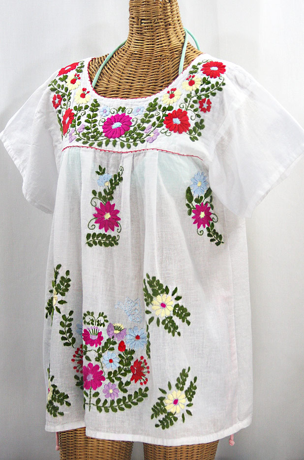 "La Mariposa Libre" Plus Size Mexican Peasant Blouse - White + Multi