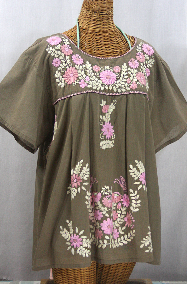 "La Mariposa Libre" Plus Size Mexican Peasant Blouse - Khaki + Pink Mix