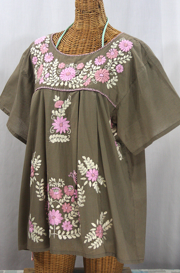 "La Mariposa Libre" Plus Size Mexican Peasant Blouse - Khaki + Pink Mix