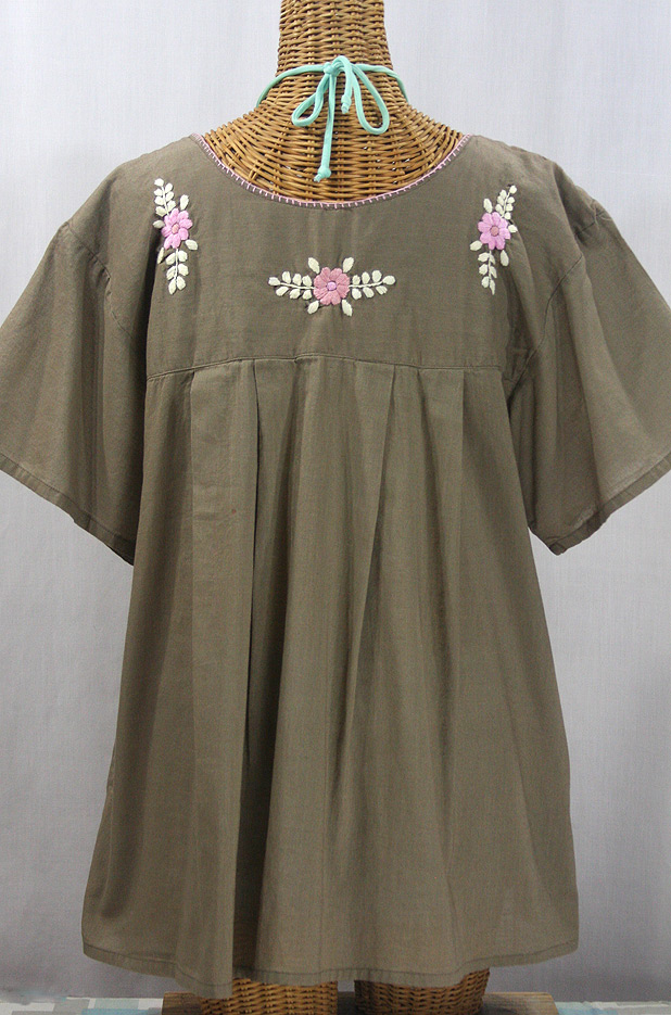 "La Mariposa Libre" Plus Size Mexican Peasant Blouse - Khaki + Pink Mix