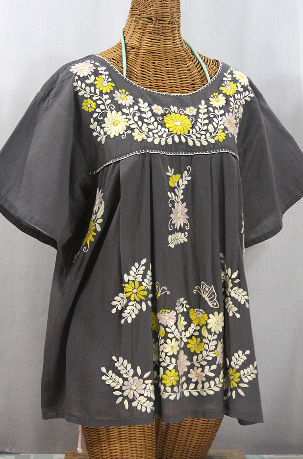 "La Mariposa Libre" Plus Size Mexican Peasant Blouse - Medium Grey + Yellow Mix