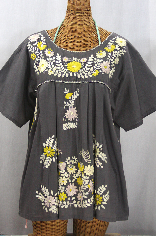 "La Mariposa Libre" Plus Size Mexican Peasant Blouse - Medium Grey + Yellow Mix