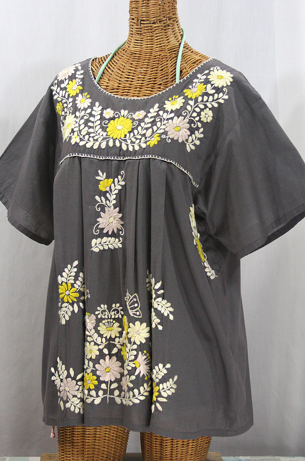 "La Mariposa Libre" Plus Size Mexican Peasant Blouse - Medium Grey + Yellow Mix