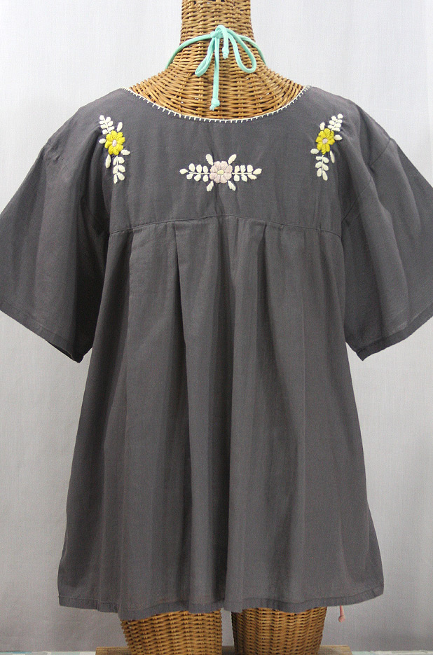 "La Mariposa Libre" Plus Size Mexican Peasant Blouse - Medium Grey + Yellow Mix