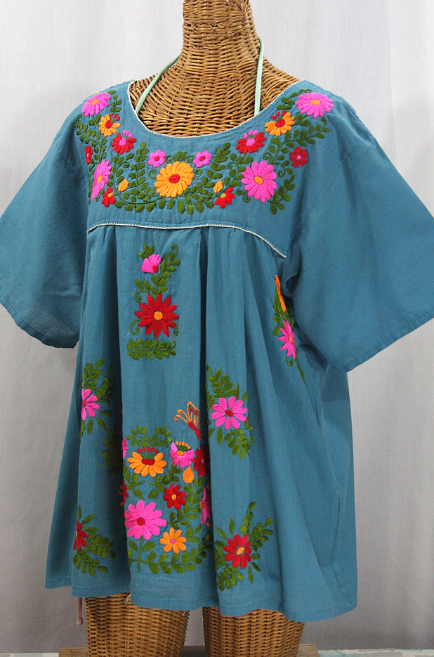 "La Mariposa Libre" Plus Size Mexican Peasant Blouse - Pool + Bright Multi