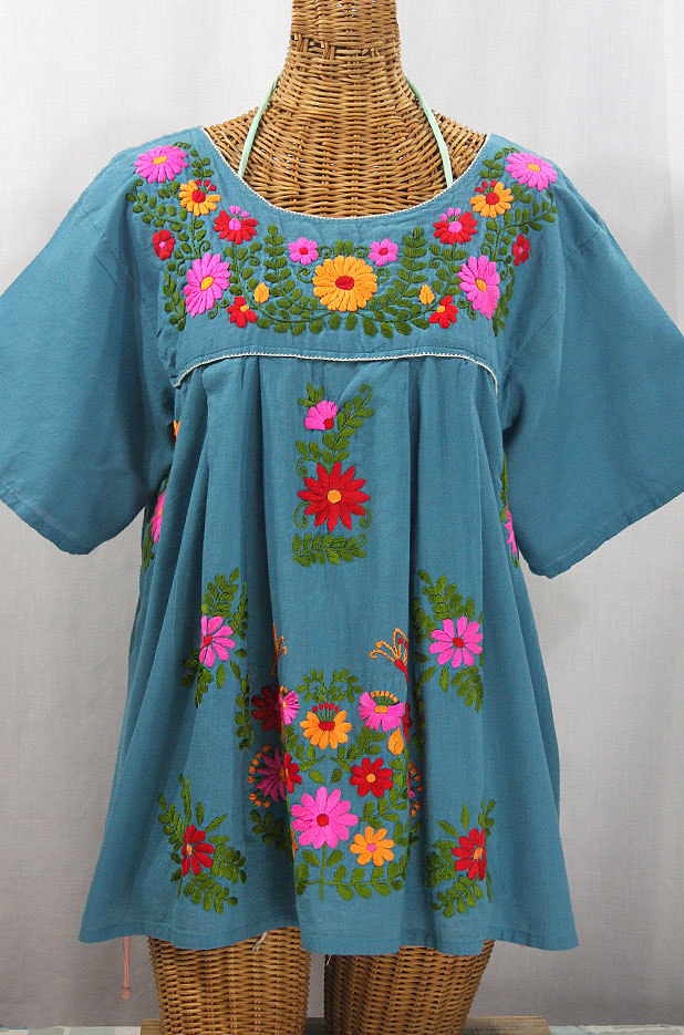 "La Mariposa Libre" Plus Size Mexican Peasant Blouse - Pool + Bright Multi