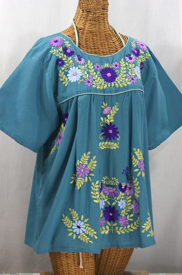 "La Mariposa Libre" Plus Size Mexican Peasant Blouse - Pool  + Puple Multi