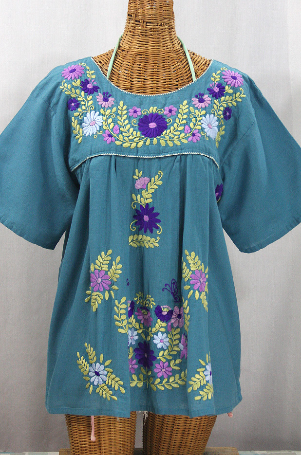 "La Mariposa Libre" Plus Size Mexican Peasant Blouse - Pool  + Puple Multi