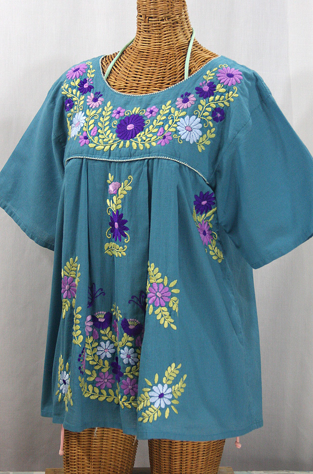 "La Mariposa Libre" Plus Size Mexican Peasant Blouse - Pool  + Puple Multi