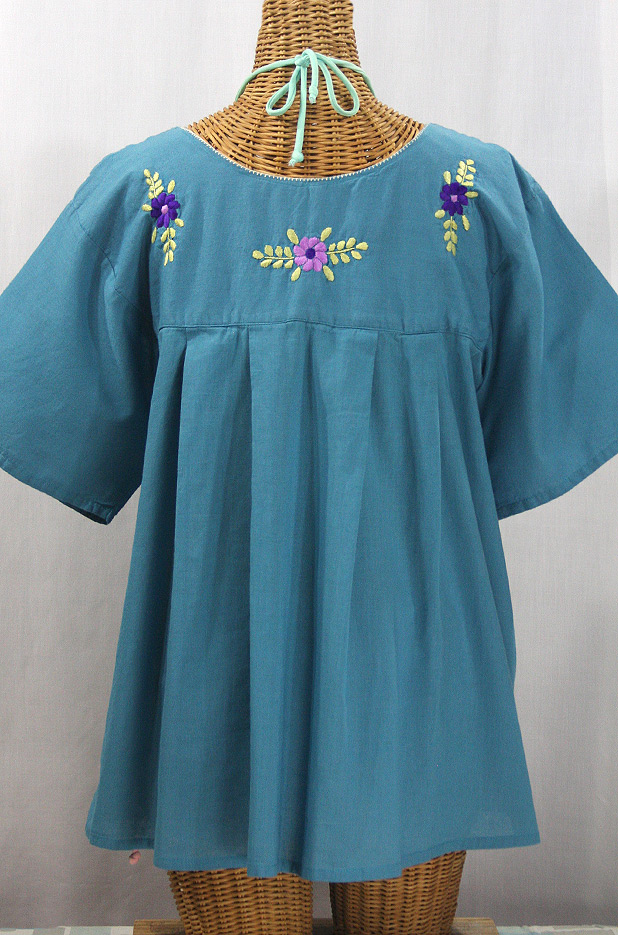 "La Mariposa Libre" Plus Size Mexican Peasant Blouse - Pool  + Puple Multi