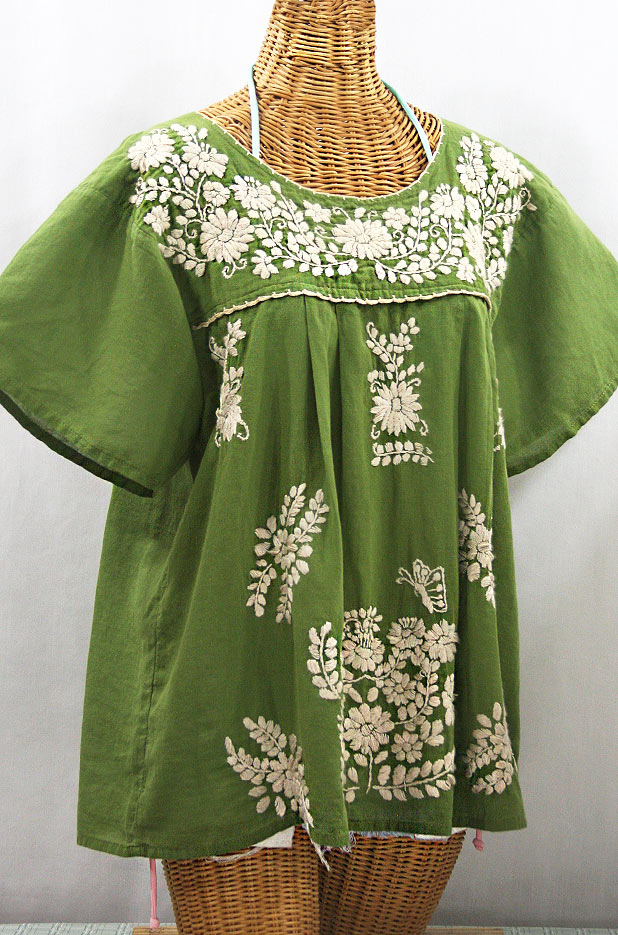 "La Mariposa Libre" Plus Size Mexican Peasant Blouse - Fern Green + Cream