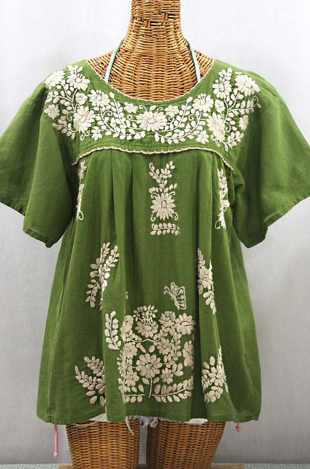 "La Mariposa Libre" Plus Size Mexican Peasant Blouse - Fern Green + Cream