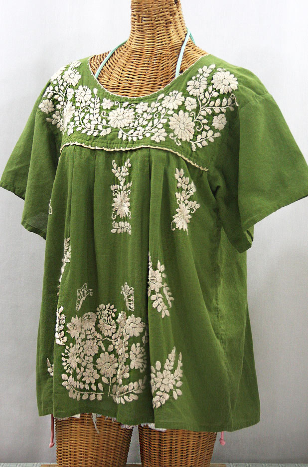 "La Mariposa Libre" Plus Size Mexican Peasant Blouse - Fern Green + Cream