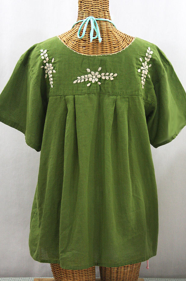 "La Mariposa Libre" Plus Size Mexican Peasant Blouse - Fern Green + Cream